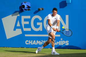 Milos Raonic hits a backhand at the Aegon Championships at the Queen's Club in London/Getty Images