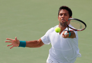 Fernando Verdasco hits a forehand at the BB&T Atlanta Open/Getty Images